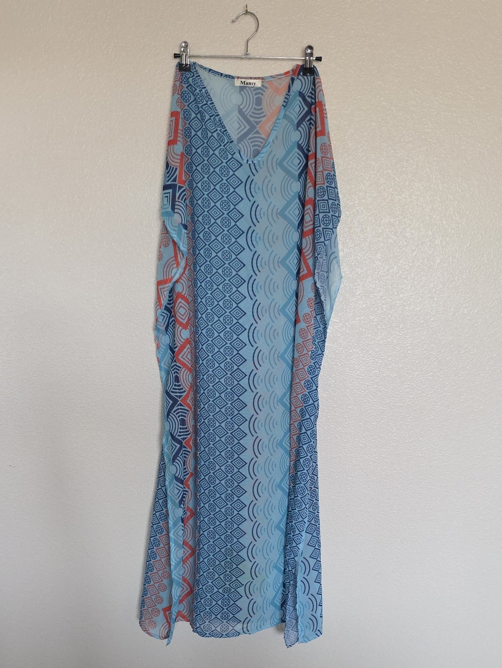 Blue Patterned V-Neck Maxi Dress